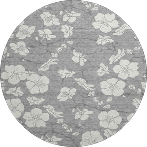 HomeRoots 8' Gray and Ivory Floral Round Rug - Washable, UV-Protected, Stain-Resistant for Busy Homes 681038