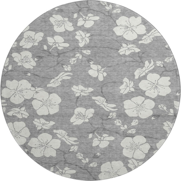 HomeRoots 8' Gray and Ivory Floral Round Rug - Washable, UV-Protected, Stain-Resistant for Busy Homes 681038