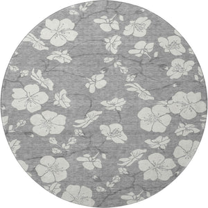 HomeRoots 8' Gray and Ivory Floral Round Rug - Washable, UV-Protected, Stain-Resistant for Busy Homes 681038