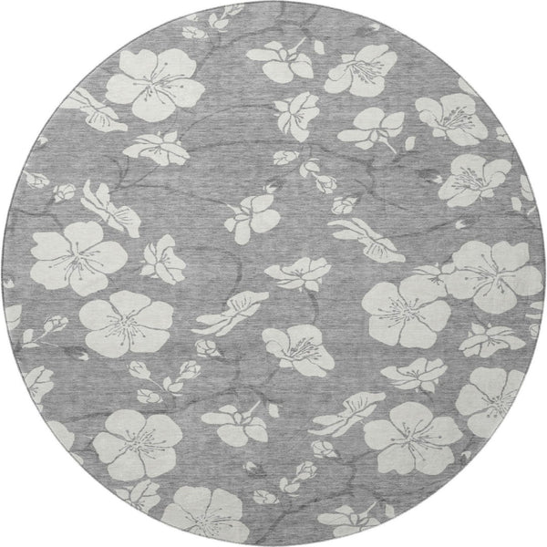 HomeRoots 8' Gray and Ivory Floral Round Rug - Washable, UV-Protected, Stain-Resistant for Busy Homes 681038