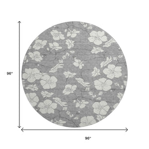 HomeRoots 8' Gray and Ivory Floral Round Rug - Washable, UV-Protected, Stain-Resistant for Busy Homes 681038