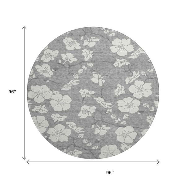 HomeRoots 8' Gray and Ivory Floral Round Rug - Washable, UV-Protected, Stain-Resistant for Busy Homes 681038