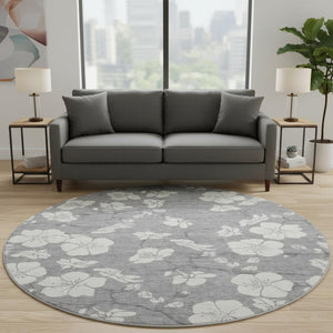 HomeRoots 8' Gray and Ivory Floral Round Rug - Washable, UV-Protected, Stain-Resistant for Busy Homes 681038
