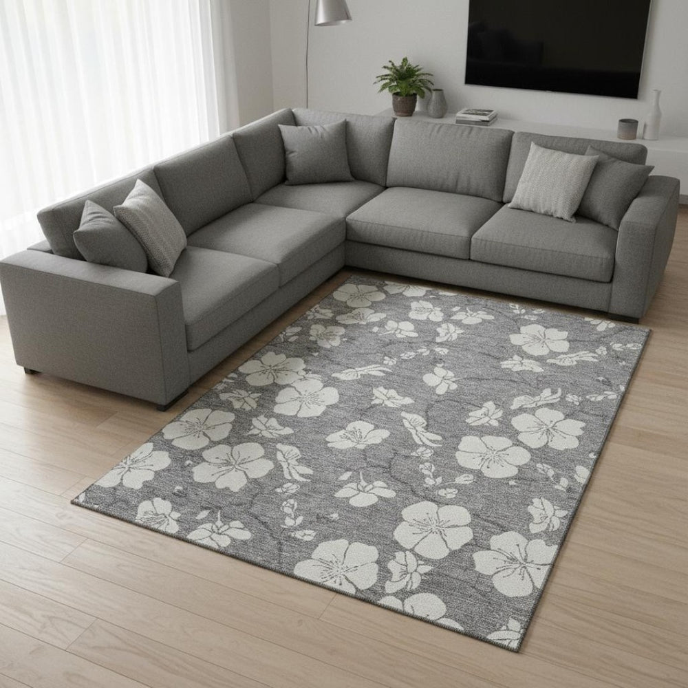 HomeRoots 8' X 10' Gray and Ivory Floral Area Rug - Durable, Stain-Resistant, UV Protected for Indoor/Outdoor Use 681039