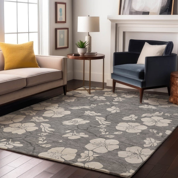 HomeRoots 8' X 10' Gray and Ivory Floral Area Rug - Durable, Stain-Resistant, UV Protected for Indoor/Outdoor Use 681039