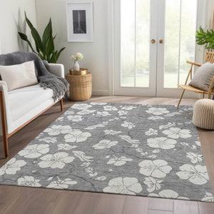 HomeRoots 8' X 10' Gray and Ivory Floral Area Rug - Durable, Stain-Resistant, UV Protected for Indoor/Outdoor Use 681039