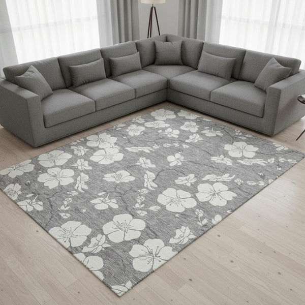 HomeRoots 9' X 12' Gray And Ivory Floral Area Rug – Washable, UV-Protected, Stylish & Durable for High-Traffic Areas 681040