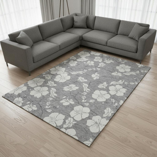 HomeRoots 10' X 14' Gray and Ivory Floral Area Rug - Washable, UV Protected, Durable for High-Traffic Spaces 681041