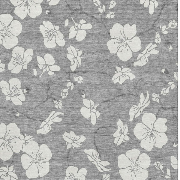 HomeRoots 10' X 14' Gray and Ivory Floral Area Rug - Washable, UV Protected, Durable for High-Traffic Spaces 681041