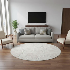 HomeRoots 8' Elegant Ivory & Beige Floral Round Rug - Washable, Stain-Resistant, UV Protected for All Spaces 681044
