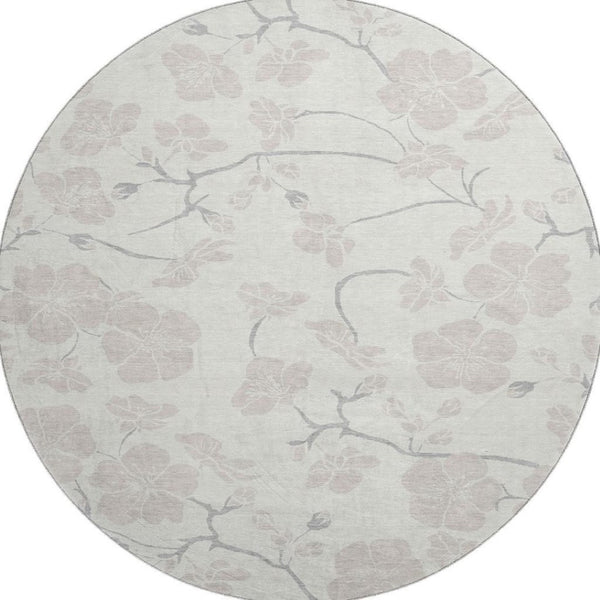 HomeRoots 8' Elegant Ivory & Beige Floral Round Rug - Washable, Stain-Resistant, UV Protected for All Spaces 681044