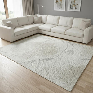 HomeRoots 9' X 12' Elegant Ivory and Beige Floral Area Rug - Washable, UV Protected, Kid & Pet Friendly Design 681046