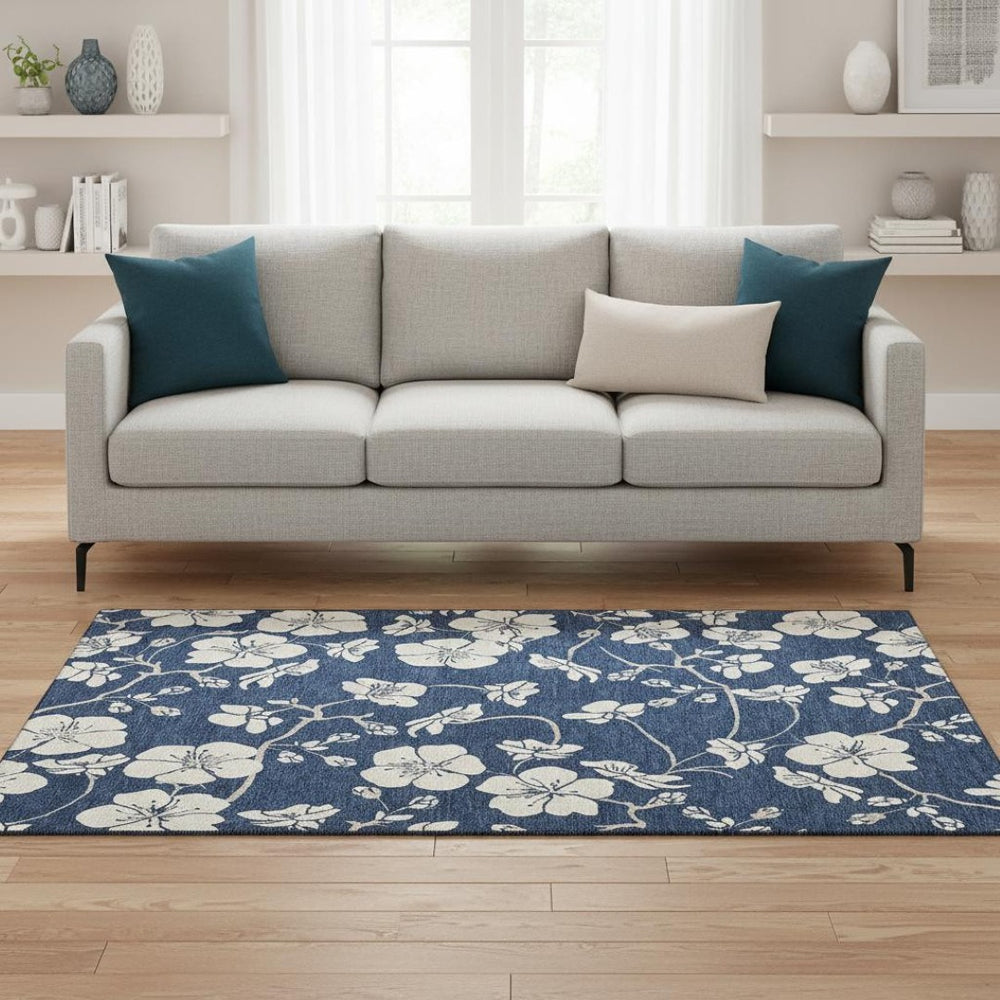 HomeRoots 5' X 8' Navy Blue Floral Area Rug – Washable, UV Protected & Stain Resistant for Home Decor Elegance 681049