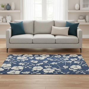 HomeRoots 5' X 8' Navy Blue Floral Area Rug – Washable, UV Protected & Stain Resistant for Home Decor Elegance 681049