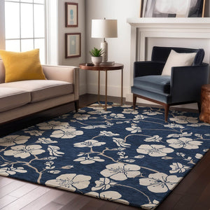 HomeRoots 5' X 8' Navy Blue Floral Area Rug – Washable, UV Protected & Stain Resistant for Home Decor Elegance 681049