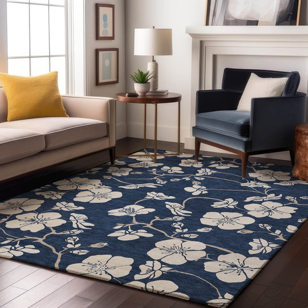 HomeRoots 5' X 8' Navy Blue Floral Area Rug – Washable, UV Protected & Stain Resistant for Home Decor Elegance 681049