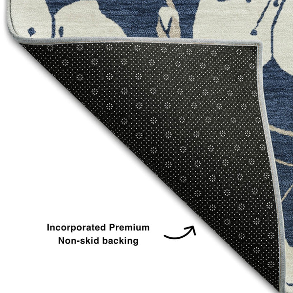 HomeRoots 5' X 8' Navy Blue Floral Area Rug – Washable, UV Protected & Stain Resistant for Home Decor Elegance 681049