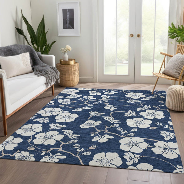 HomeRoots 5' X 8' Navy Blue Floral Area Rug – Washable, UV Protected & Stain Resistant for Home Decor Elegance 681049