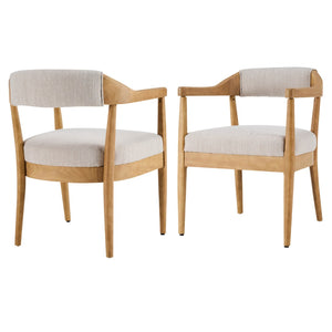 English Elm Wood Frame Upholstered Arm Dining Chairs Rubberwood Legs Beige Set of 2 N768P389408N