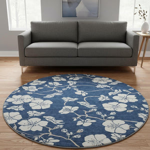 HomeRoots 8' Navy Blue and Ivory Floral Washable Round Rug - UV Protected, Durable Design for High-Traffic Areas 681050