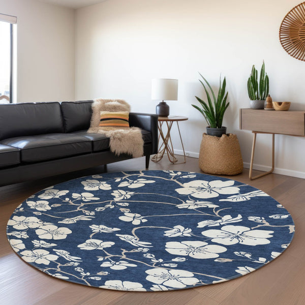 HomeRoots 8' Navy Blue and Ivory Floral Washable Round Rug - UV Protected, Durable Design for High-Traffic Areas 681050