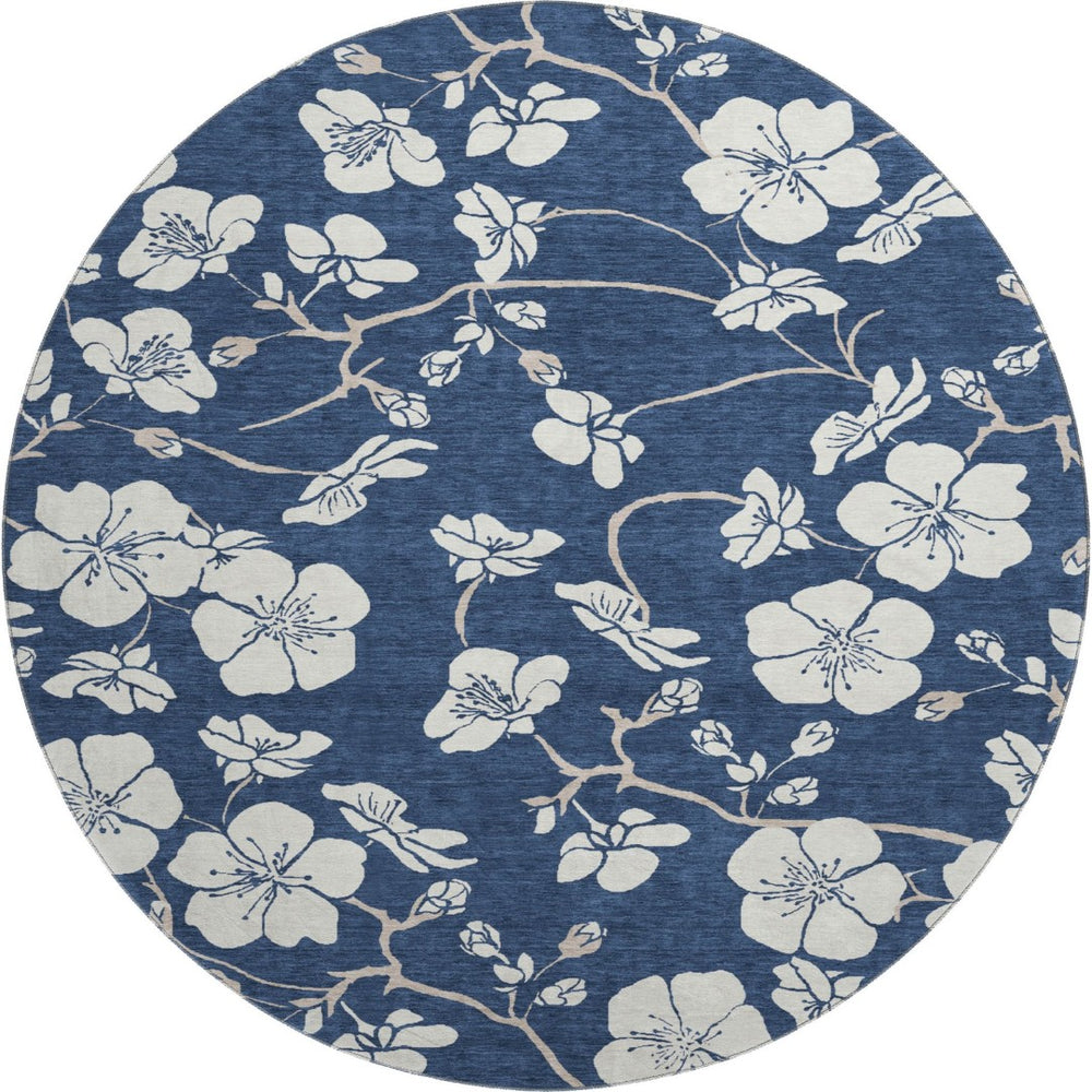 HomeRoots 8' Navy Blue and Ivory Floral Washable Round Rug - UV Protected, Durable Design for High-Traffic Areas 681050