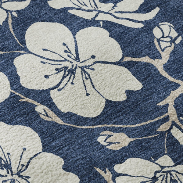 HomeRoots 8' Navy Blue and Ivory Floral Washable Round Rug - UV Protected, Durable Design for High-Traffic Areas 681050