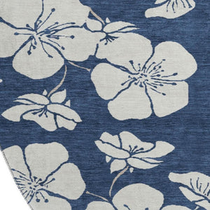 HomeRoots 8' Navy Blue and Ivory Floral Washable Round Rug - UV Protected, Durable Design for High-Traffic Areas 681050