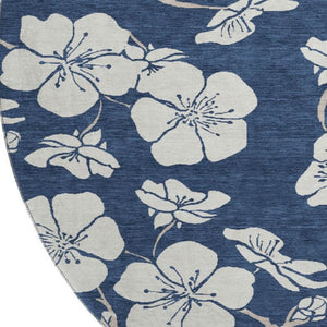 HomeRoots 8' Navy Blue and Ivory Floral Washable Round Rug - UV Protected, Durable Design for High-Traffic Areas 681050