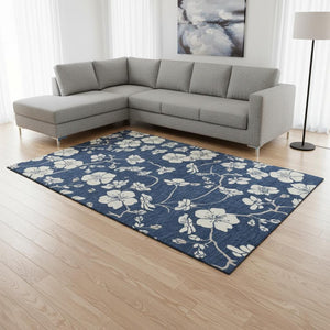HomeRoots 8' X 10' Elegant Navy Blue & Ivory Floral Area Rug – Washable, UV Protected, Perfect for Homes 681051