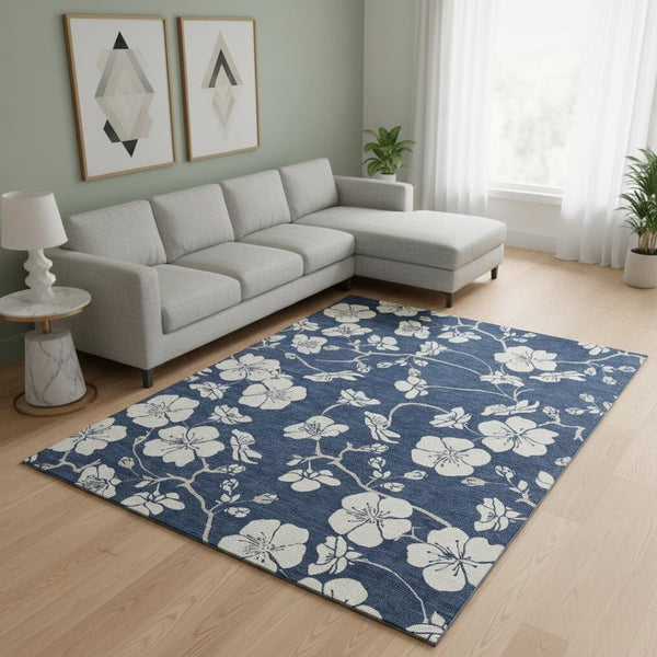 HomeRoots 9' X 12' Navy Blue & Ivory Floral Area Rug - Washable, UV-Protected, Stain-Resistant for Homes 681052