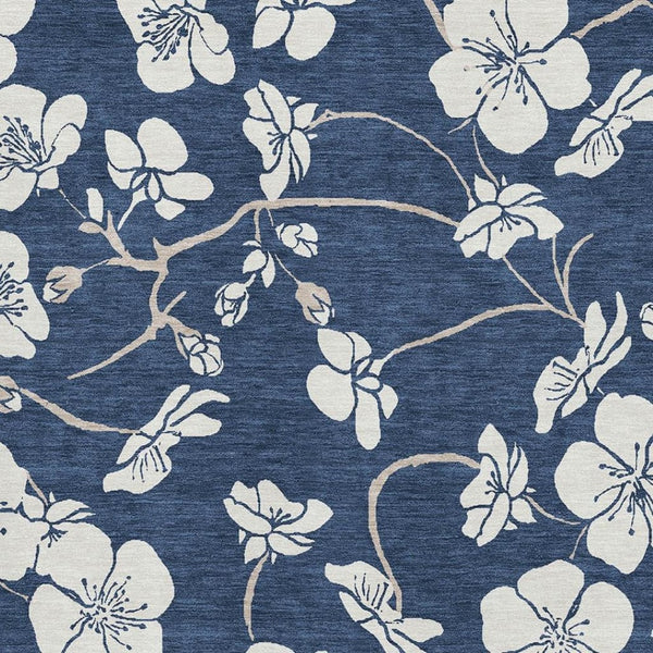 HomeRoots 9' X 12' Navy Blue & Ivory Floral Area Rug - Washable, UV-Protected, Stain-Resistant for Homes 681052