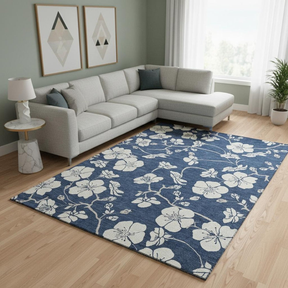 HomeRoots 10' X 14' Navy Blue Floral Area Rug - Washable, UV Protected, Stain Resistant, Perfect for Homes 681053