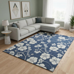 HomeRoots 10' X 14' Navy Blue Floral Area Rug - Washable, UV Protected, Stain Resistant, Perfect for Homes 681053