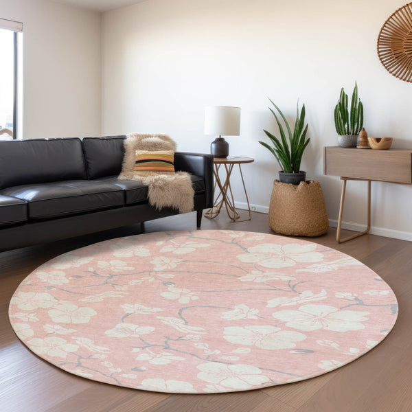 HomeRoots 8' Pink and Ivory Floral Washable Round Rug – Durable, UV Protected & Stain Resistant for Every Home! 681056