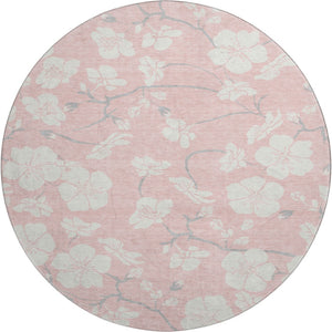 HomeRoots 8' Pink and Ivory Floral Washable Round Rug – Durable, UV Protected & Stain Resistant for Every Home! 681056
