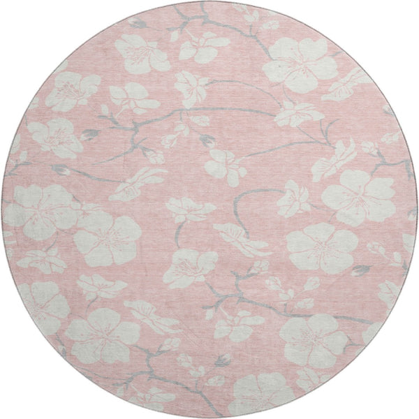 HomeRoots 8' Pink and Ivory Floral Washable Round Rug – Durable, UV Protected & Stain Resistant for Every Home! 681056