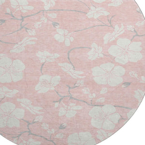 HomeRoots 8' Pink and Ivory Floral Washable Round Rug – Durable, UV Protected & Stain Resistant for Every Home! 681056