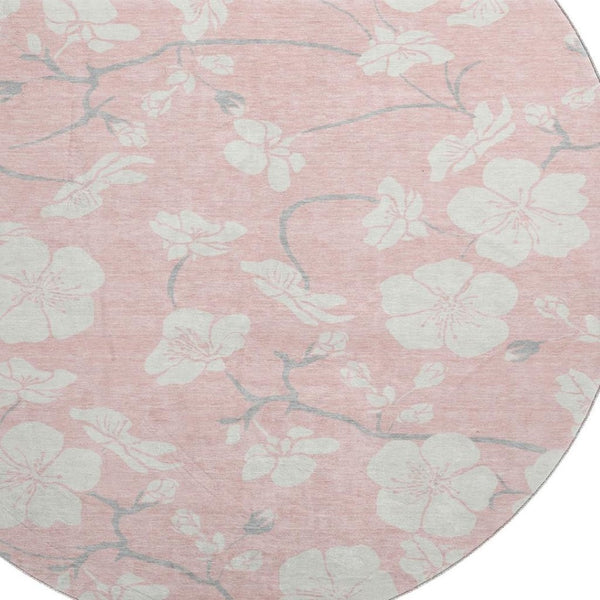 HomeRoots 8' Pink and Ivory Floral Washable Round Rug – Durable, UV Protected & Stain Resistant for Every Home! 681056