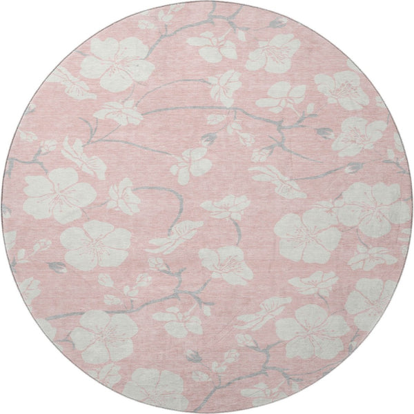 HomeRoots 8' Pink and Ivory Floral Washable Round Rug – Durable, UV Protected & Stain Resistant for Every Home! 681056