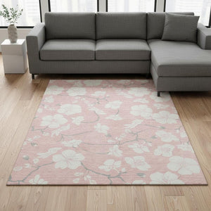 HomeRoots 8' X 10' Pink And Ivory Floral Area Rug - Stylish, Washable, UV Protected, Durable for Family Homes 681057