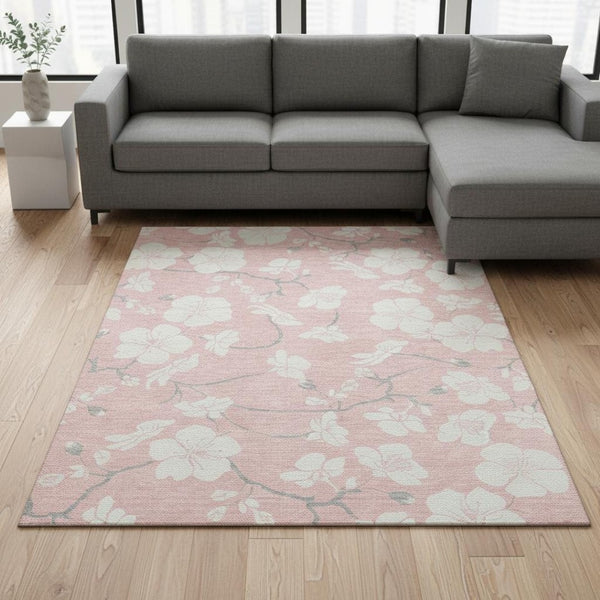 HomeRoots 8' X 10' Pink And Ivory Floral Area Rug - Stylish, Washable, UV Protected, Durable for Family Homes 681057