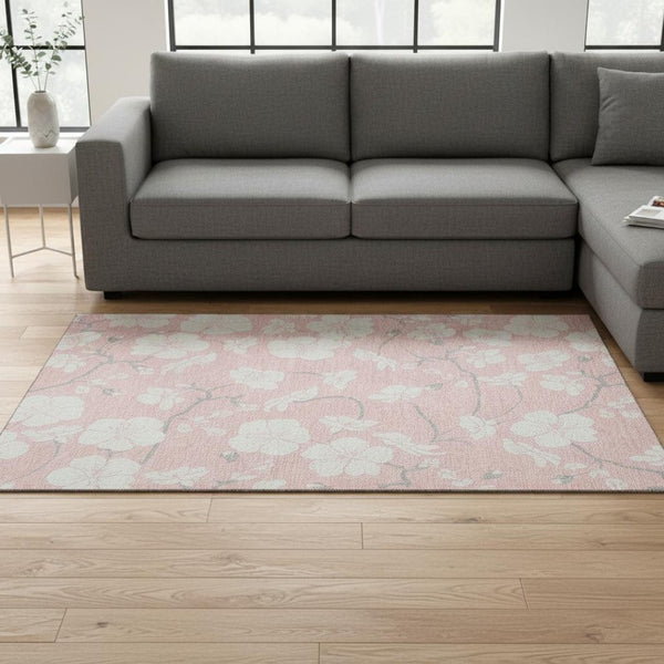 HomeRoots 9' X 12' Pink and Ivory Floral Area Rug - Washable, UV-Protected, Durable & Stylish for Every Home 681058