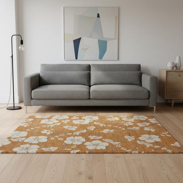 HomeRoots 5' X 8' Washable Rust and Beige Floral Area Rug with UV Protection for Stylish, Durable Spaces 681061