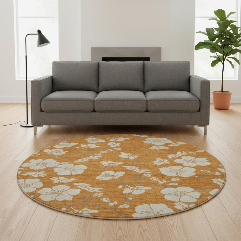HomeRoots 8' Washable Round Rug in Rust & Beige Floral Design - Durable, Stain-Resistant, UV Protected Charm 681062
