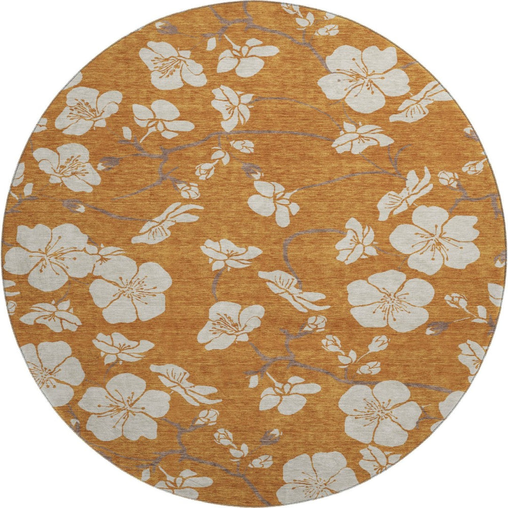 HomeRoots 8' Washable Round Rug in Rust & Beige Floral Design - Durable, Stain-Resistant, UV Protected Charm 681062