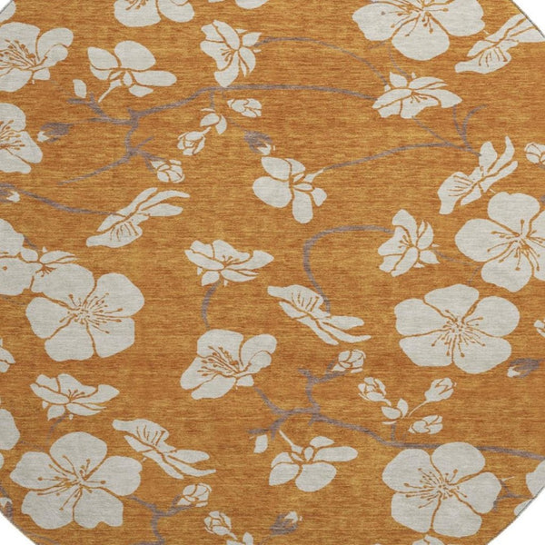 HomeRoots 8' Washable Round Rug in Rust & Beige Floral Design - Durable, Stain-Resistant, UV Protected Charm 681062