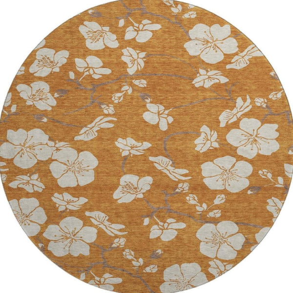 HomeRoots 8' Washable Round Rug in Rust & Beige Floral Design - Durable, Stain-Resistant, UV Protected Charm 681062