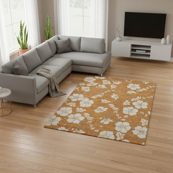 HomeRoots 8' X 10' Washable Floral Area Rug in Rust & Beige - UV Protected, Stain-Resistant, Durable Design 681063
