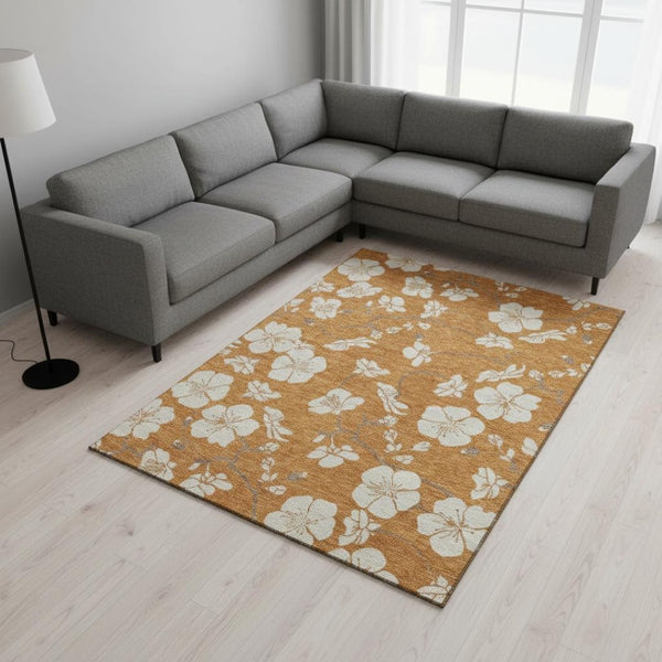 HomeRoots 9' X 12' Floral Washable Area Rug in Rust & Beige – Durable, UV-Protected, Kid & Pet-Friendly Design 681064